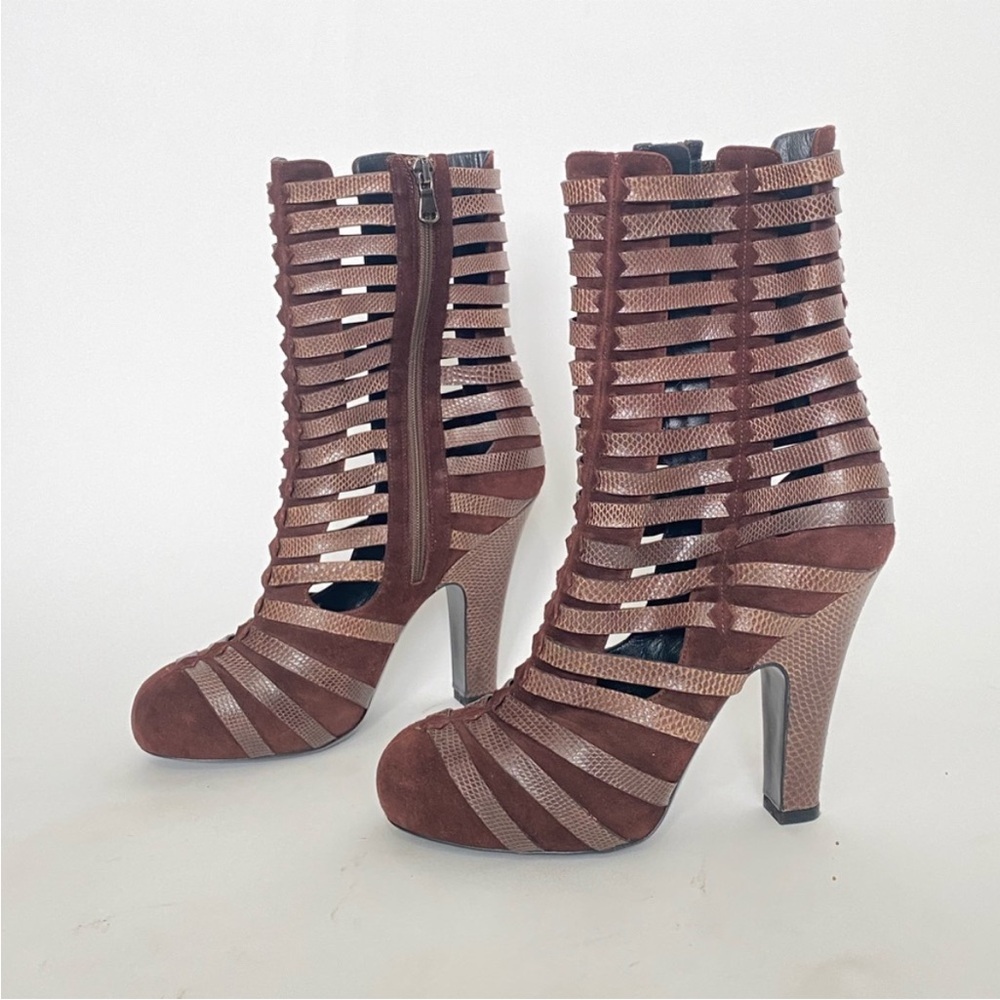 NEW Bottega Venetta brown reptile embossed woven strappy ankle boots 37